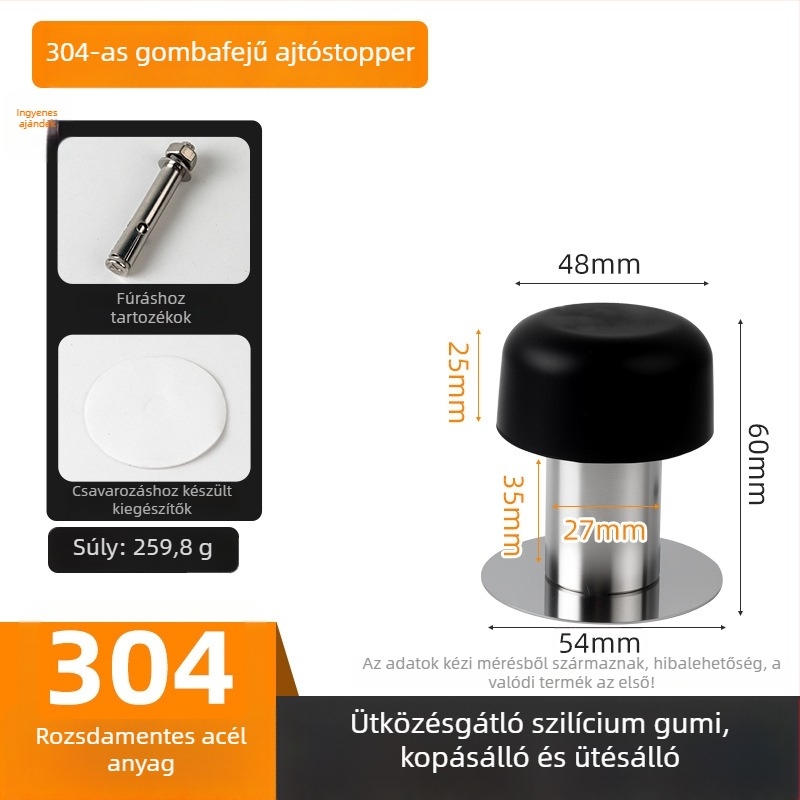 Ajtóstop gombafejű felső rész, 304 rozsdamentes acél, kefével csiszolt felület, ütközés elkerülése, dupla padló/falra szerelés
