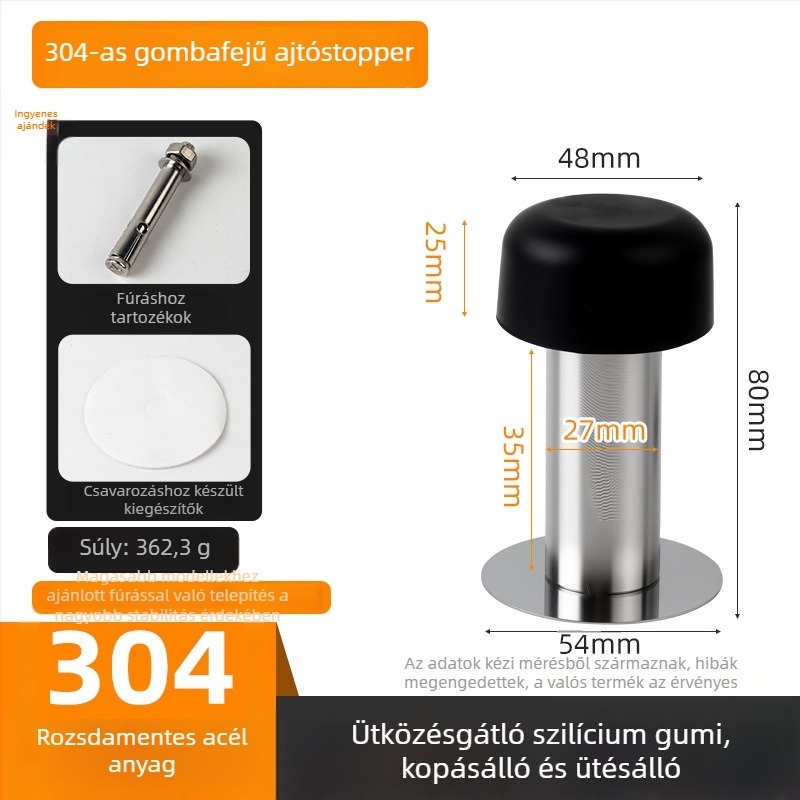 Ajtóstop gombafejű felső rész, 304 rozsdamentes acél, kefével csiszolt felület, ütközés elkerülése, dupla padló/falra szerelés