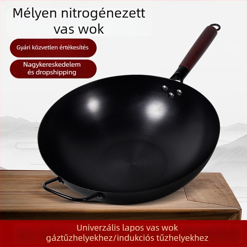 Lapos aljú nitridált vas öntöttvas serpenyő indukciós főzőlaphoz, előre kiégetett, készen használatra