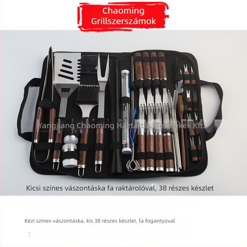 Grill eszköz készlet rozsdamentes acélból, kés, csipesz, kefe, villa és lapát (10 darab)