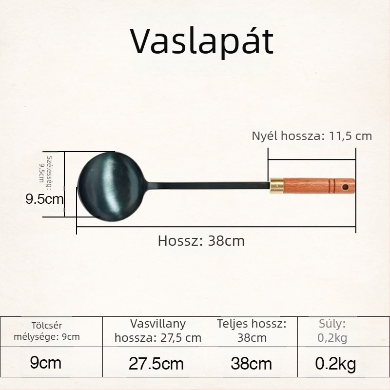 Vasból készült spatula- és kanálkészlet Sabri fa nyéllel, teppanyaki konyhai eszközök, hőálló