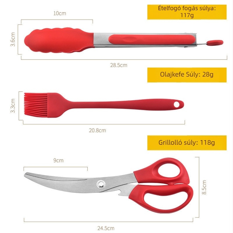 Grill szett szilikon ecsettel, kés és rozsdamentes acél klippel (Modern minimalista stílus)