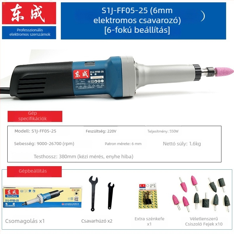 Dongcheng magas teljesítményű kézi elektromos gravírozó- és csiszológép – egyenes csiszolás, polírozás, gyorsaság állítható, belső furatok finiselése (Tápellátás: dugaszolható; Feszültség: 5)