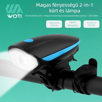 Kerékpár első fénye kürttel, USB-C töltés, pántos rögzítés, márka WOTI
