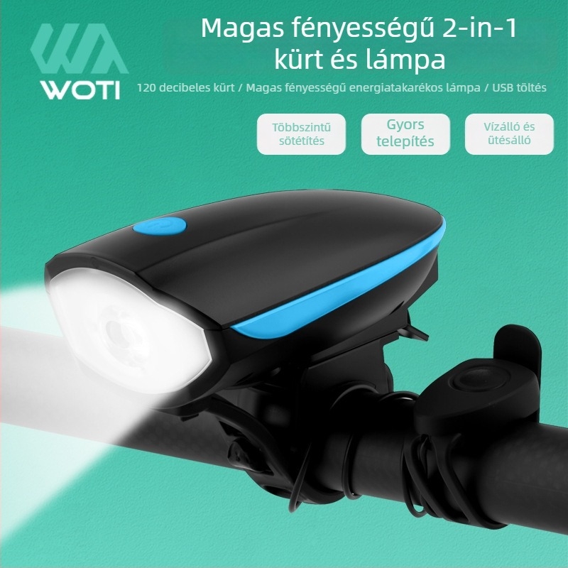 Kerékpár első fénye kürttel, USB-C töltés, pántos rögzítés, márka WOTI