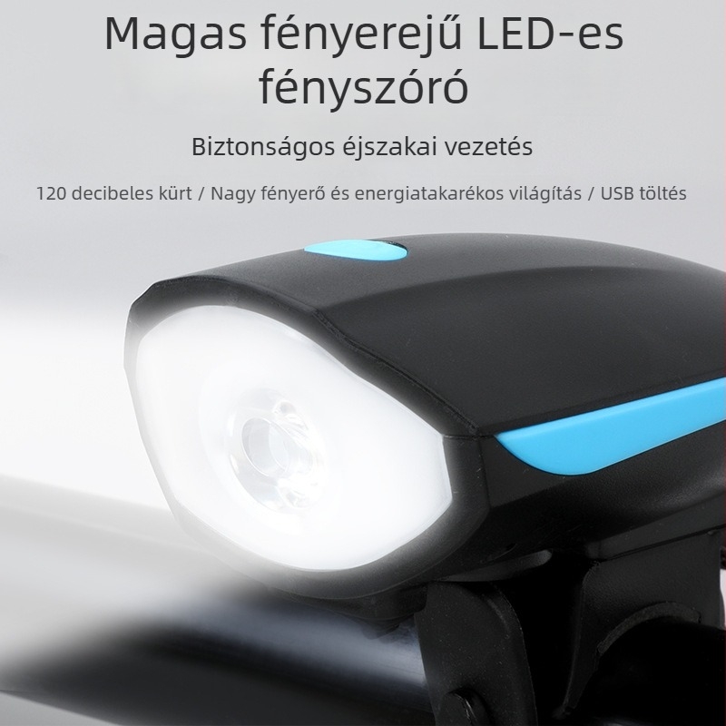 Kerékpár első fénye kürttel, USB-C töltés, pántos rögzítés, márka WOTI