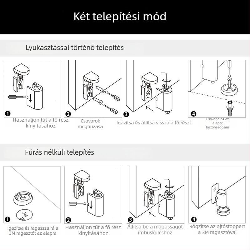Mágneses ajtófogó üvegajtókhoz, padlóra szerelhető, fúrás nélkül, cinkötvözetből, kefével csiszolt felülettel
