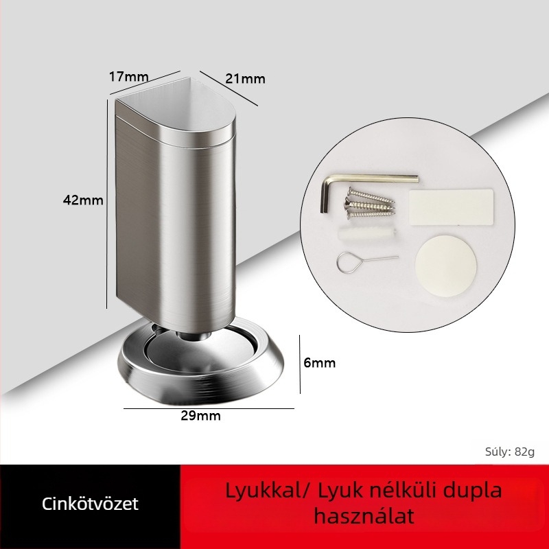 Mágneses ajtófogó üvegajtókhoz, padlóra szerelhető, fúrás nélkül, cinkötvözetből, kefével csiszolt felülettel