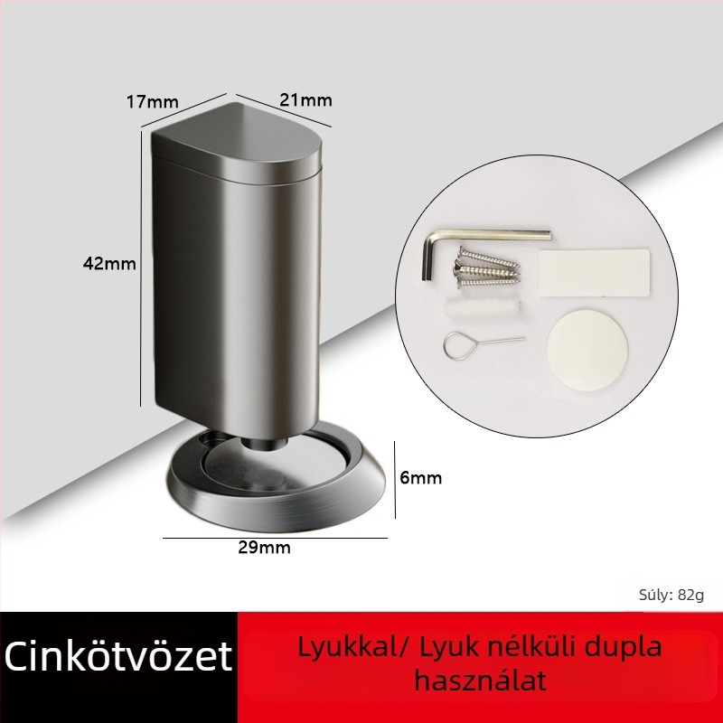 Mágneses ajtófogó üvegajtókhoz, padlóra szerelhető, fúrás nélkül, cinkötvözetből, kefével csiszolt felülettel