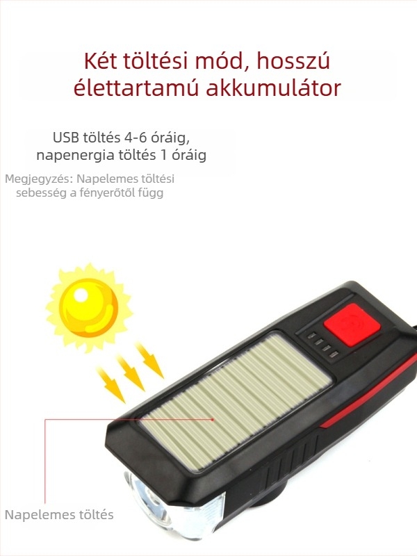 YAJIAPLUS kerékpár első lámpa – napelemes áramellátás, USB újratöltés, nagy fényerő kerékpározáshoz