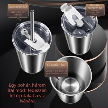 304 rozsdamentes acél testű pohár szívócsővel, PP + szilikagél fedél, PP tárolóedény — hordozható, gyorsfagyasztó italos pohár