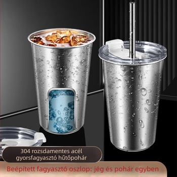 304 rozsdamentes acél testű pohár szívócsővel, PP + szilikagél fedél, PP tárolóedény — hordozható, gyorsfagyasztó italos pohár