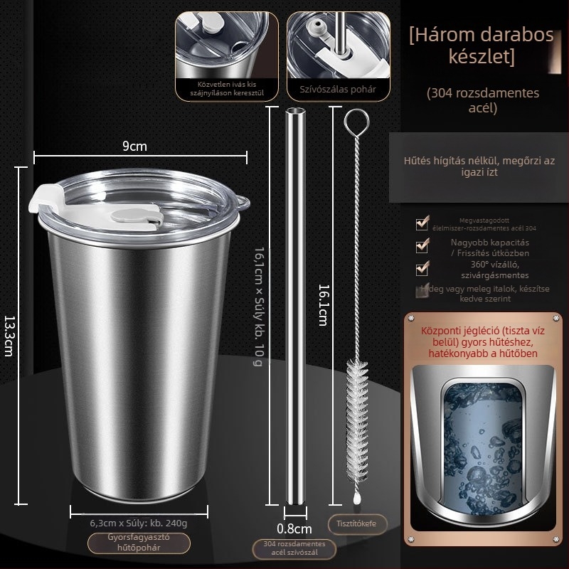 304 rozsdamentes acél testű pohár szívócsővel, PP + szilikagél fedél, PP tárolóedény — hordozható, gyorsfagyasztó italos pohár