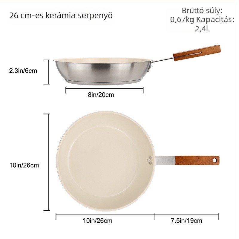 Serpenyő kerámia tapadásmentes bevonattal, rozsdamentes acélból, háromrétegű aljzattal, 2,4 L kapacitás