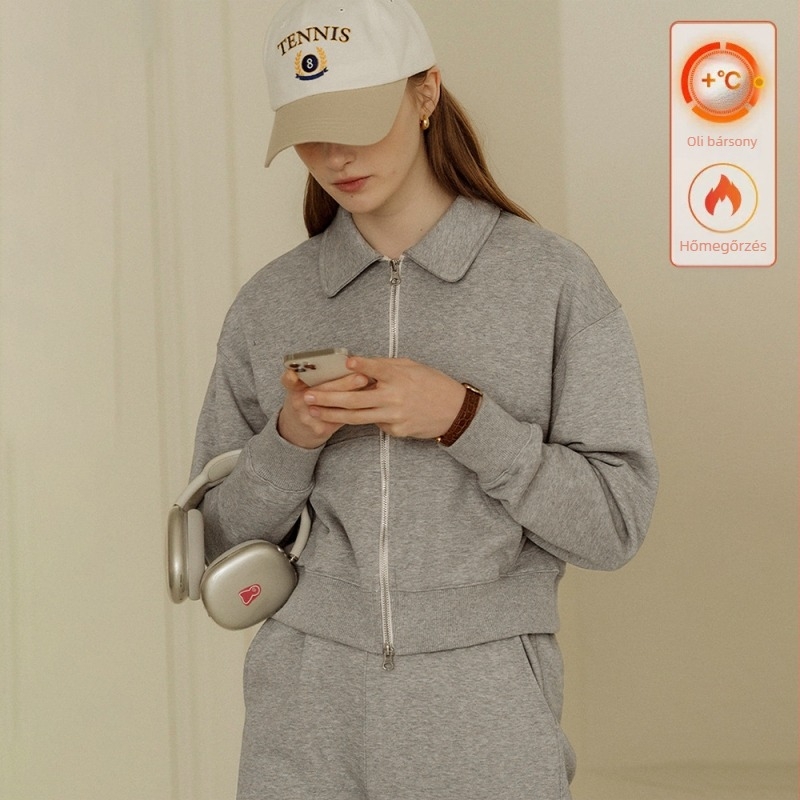 Női fleece-béléses két részes szett: pulóver és nadrág, pamut 95% feletti, őszi-téli streetwear
