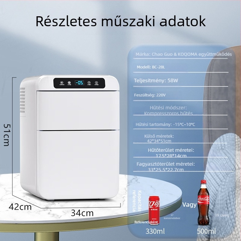 KOQOMA kompresszoros autóhűtő, 12V/24V univerzális kompatibilitás, 20L+ kapacitás, 48-75W, hűt 0°C-ig