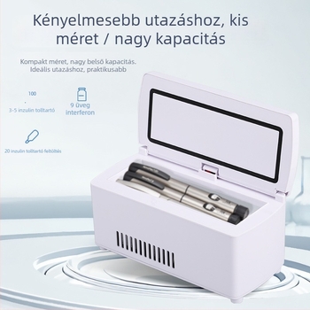 Autóba illő mini hűtő inzulin számára, kapacitás legfeljebb 5 L, 15 W, 12V/220V, hőmérséklet-tartomány 2–18°C