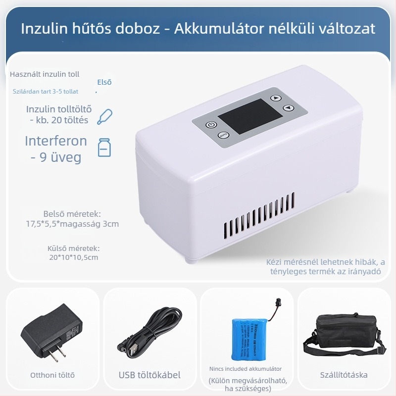 Autóba illő mini hűtő inzulin számára, kapacitás legfeljebb 5 L, 15 W, 12V/220V, hőmérséklet-tartomány 2–18°C