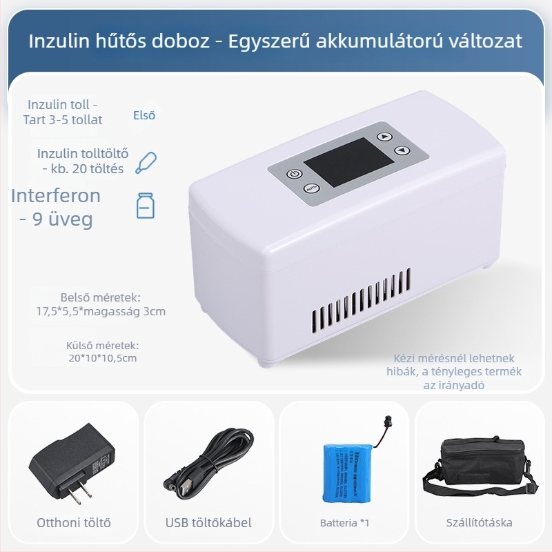 Autóba illő mini hűtő inzulin számára, kapacitás legfeljebb 5 L, 15 W, 12V/220V, hőmérséklet-tartomány 2–18°C