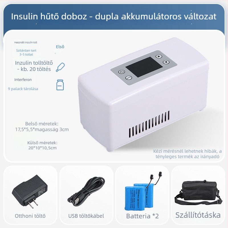 Autóba illő mini hűtő inzulin számára, kapacitás legfeljebb 5 L, 15 W, 12V/220V, hőmérséklet-tartomány 2–18°C