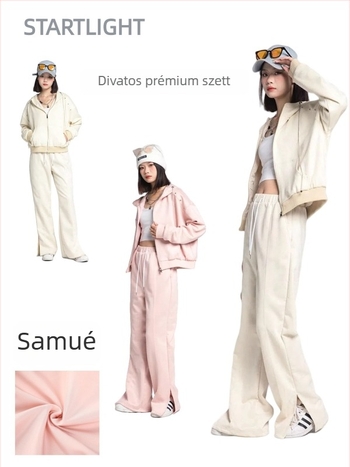Őszi két darabos öltözet: kardigán felső színblokkokkal és nadrágos szett, poliészter 95% + spandex 5%, suede hangsúly, koreai városi stílus