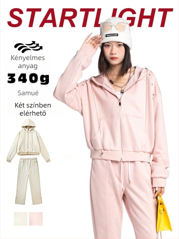 Őszi két darabos öltözet: kardigán felső színblokkokkal és nadrágos szett, poliészter 95% + spandex 5%, suede hangsúly, koreai városi stílus