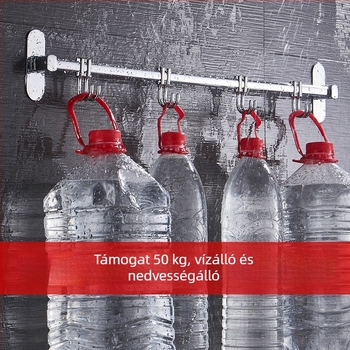 Fali konyhai tároló rozsdamentes acélból, krómozott felülettel, akasztókkal és fedőlap-tartóval, többfunkciós, telepítés fúrás nélküli