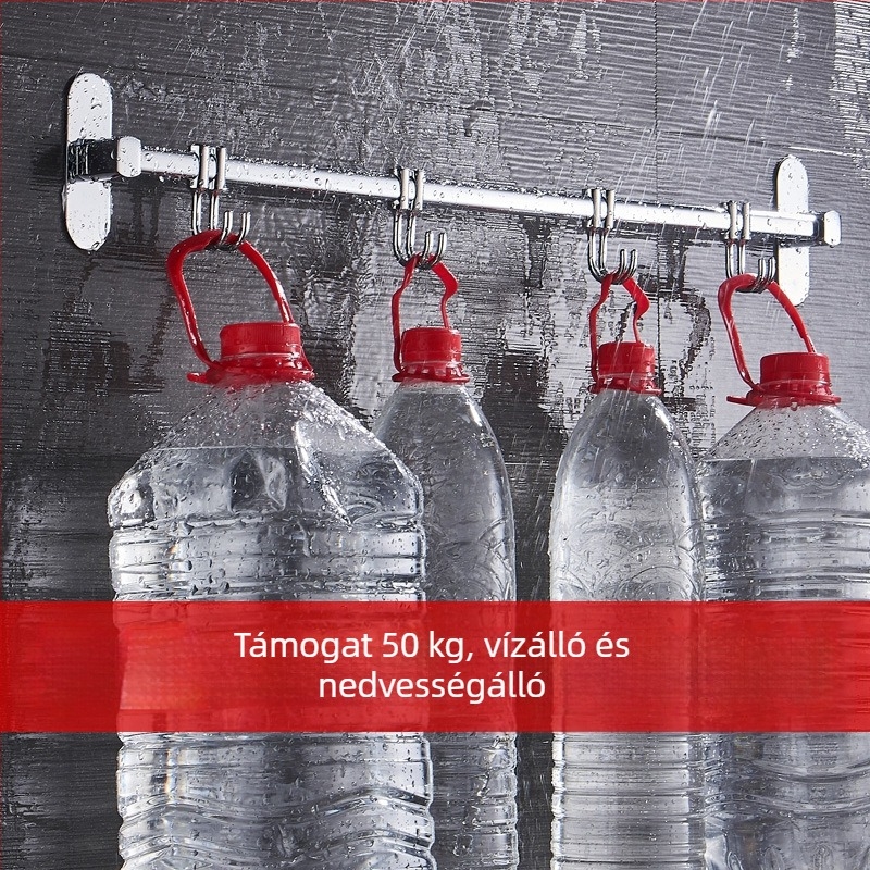 Fali konyhai tároló rozsdamentes acélból, krómozott felülettel, akasztókkal és fedőlap-tartóval, többfunkciós, telepítés fúrás nélküli