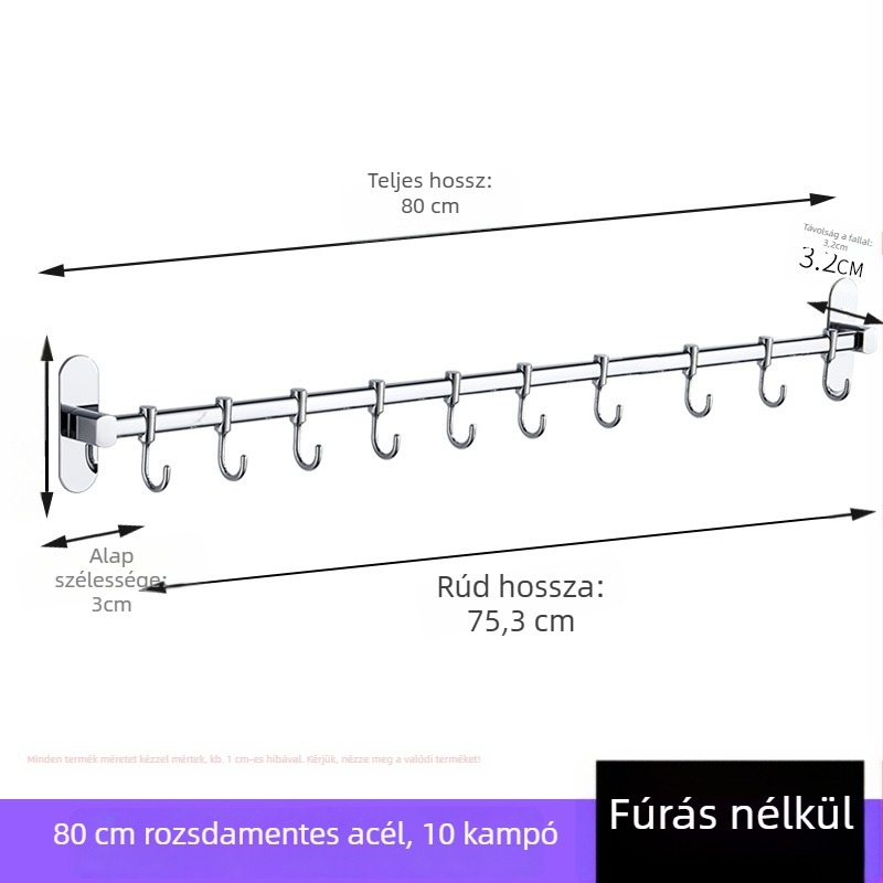 Fali konyhai tároló rozsdamentes acélból, krómozott felülettel, akasztókkal és fedőlap-tartóval, többfunkciós, telepítés fúrás nélküli