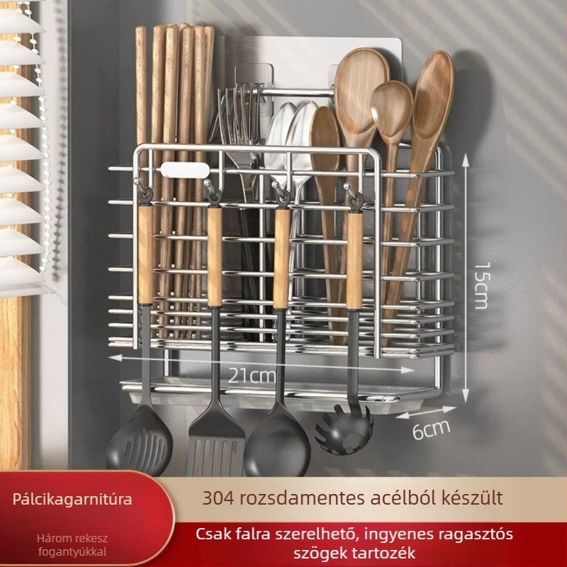 304 rozsdamentes acél falra szerelhető edény- és evőeszköztartó, konyhai rendező, egyszerű modern stílus