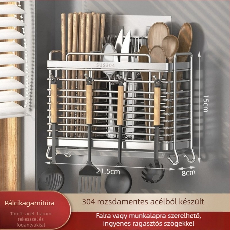 304 rozsdamentes acél falra szerelhető edény- és evőeszköztartó, konyhai rendező, egyszerű modern stílus