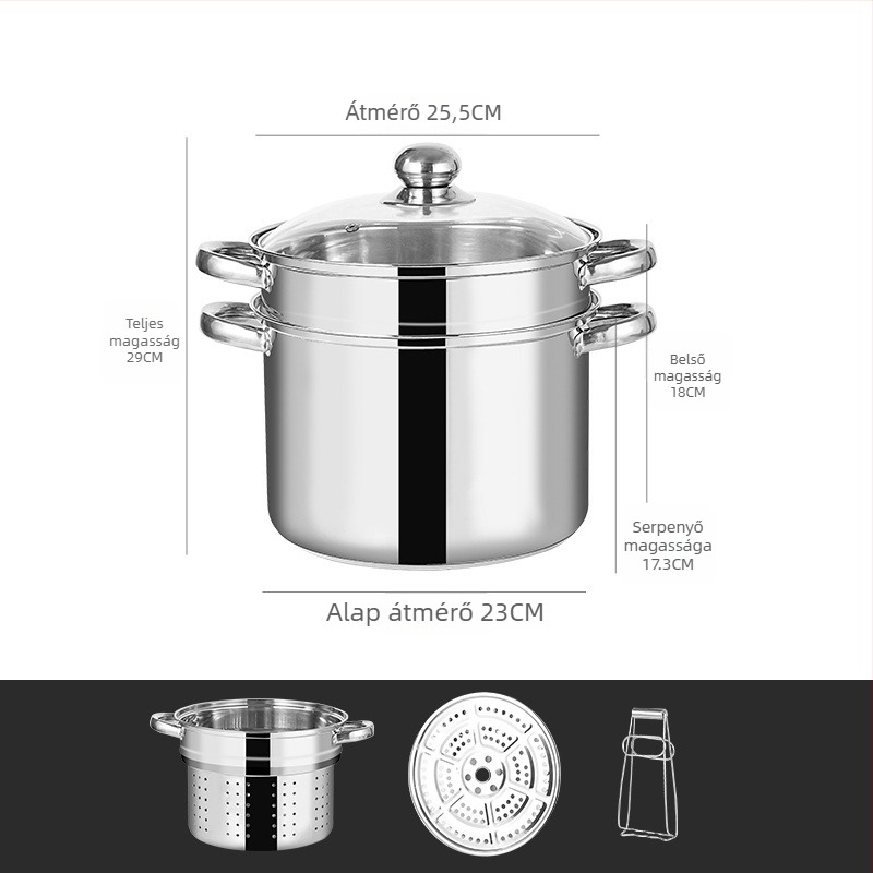 Többcélú tésztaedény dupla párolóval, rozsdamentes acél, üvegfedő, modell GC5484