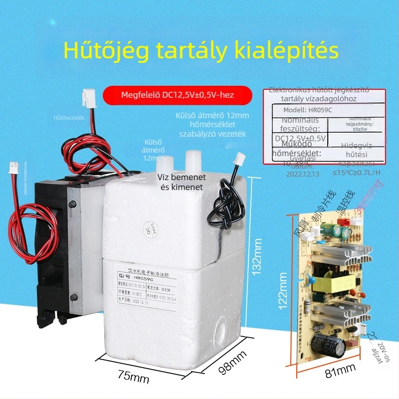 Ivóvíz rendszerekhez készült hűtőmodul jégkamrával, elektronikus hűtővel, víztisztító vonallal és teabár-hűtőegységgel