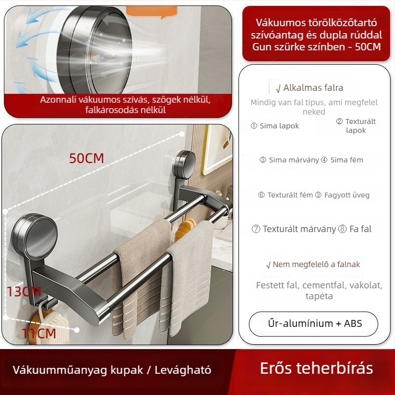 Fali törölközőtartó forgó szívókorongokkal, falra szerelhető, fúrás nélküli, dupla rúd, 2-szintes tároló, Space alumínium + ABS