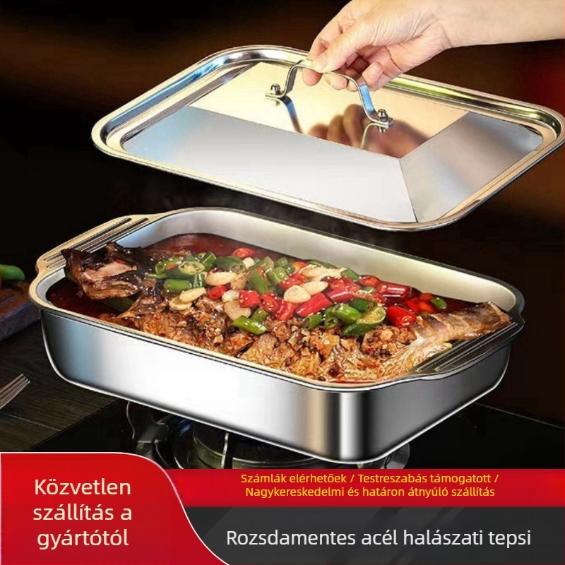 Fedéllel ellátott rozsdamentes acél halas grill tál, téglalap alakú mély tál indukciós főzőlaphoz, kereskedelmi rák grill tál