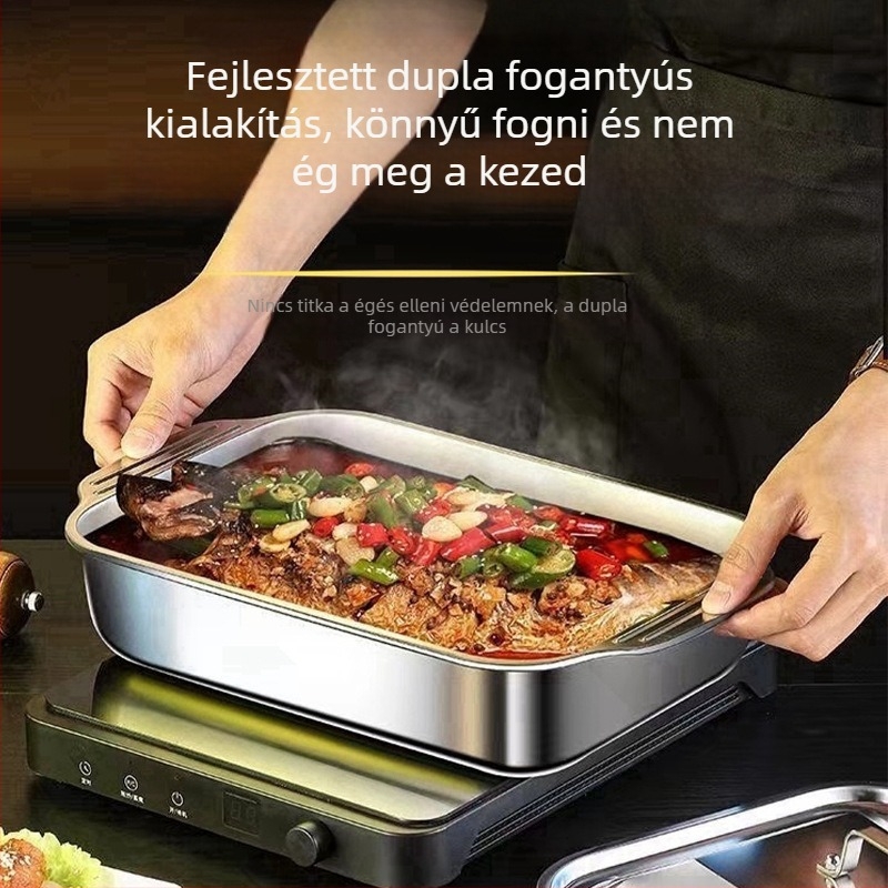 Fedéllel ellátott rozsdamentes acél halas grill tál, téglalap alakú mély tál indukciós főzőlaphoz, kereskedelmi rák grill tál