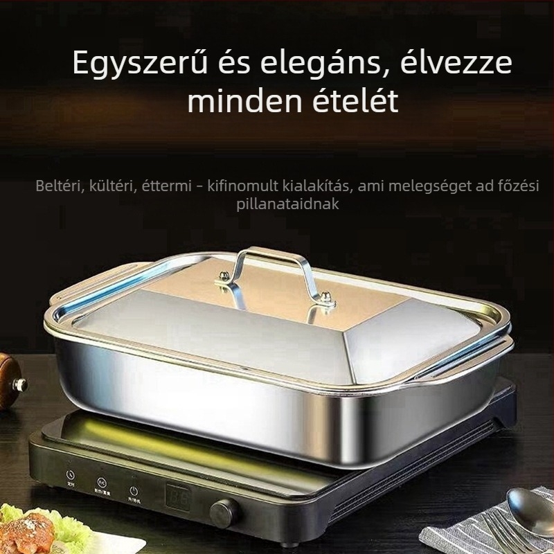 Fedéllel ellátott rozsdamentes acél halas grill tál, téglalap alakú mély tál indukciós főzőlaphoz, kereskedelmi rák grill tál