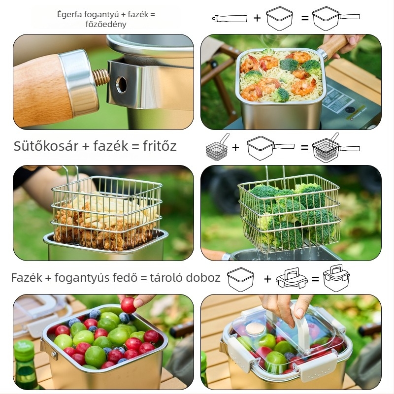 Négyzet alakú rozsdamentes acélból készült, többfunkciós fazék, koreai stílusú, főzésre és sütésre