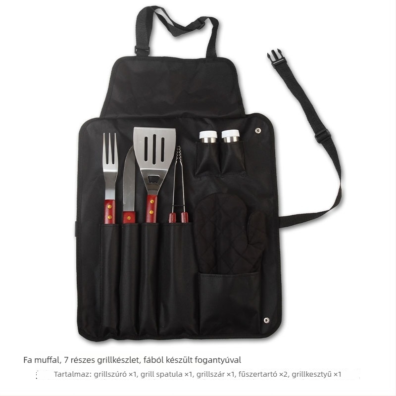 Rozsdamentes acél grillszerszám-készlet, 4 rész: kés, klip, villa, lapát; modern minimalist stílus; dobozban: 12 db