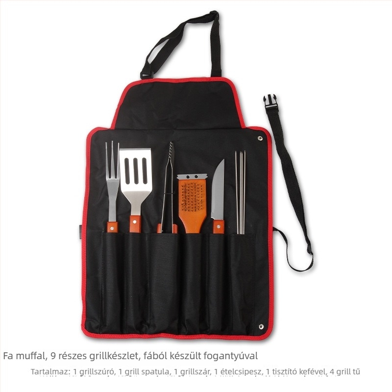 Rozsdamentes acél grillszerszám-készlet, 4 rész: kés, klip, villa, lapát; modern minimalist stílus; dobozban: 12 db