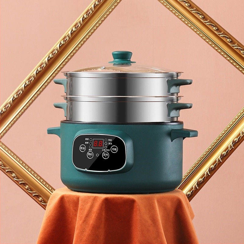 Multifunkcionális elektromos gőzölő- és hotpotkészülék LCD kijelzővel; gőzölés, sütés, főzés, párolás, shabu-shabu és grill; belső tartály rozsdamentes acélból; műanyag külső; 801–1000W; 3–4 adaghoz
