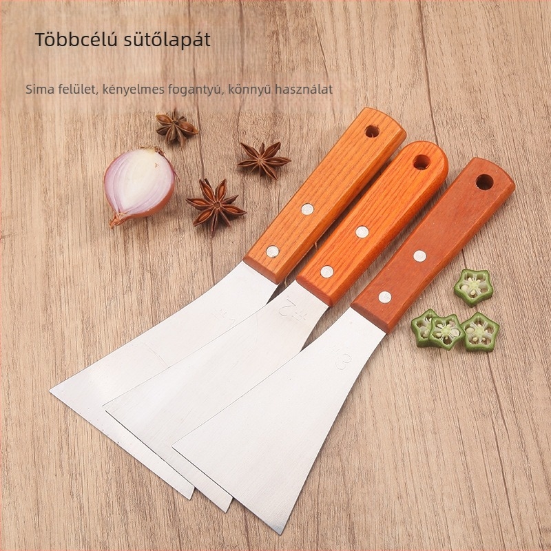 Konyhai spatula fága nyéllel és rozsdamentes acél pengével; csúszásmentes, hőálló, égési sérülések elleni védelem; többfunkciós konyhai eszköz