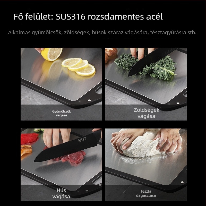316 rozsdamentes acélból készült kettős oldalú vágódeszka, antibakteriális és penészmentes felülettel; gyúrólap 304 rozsdamentes acélból