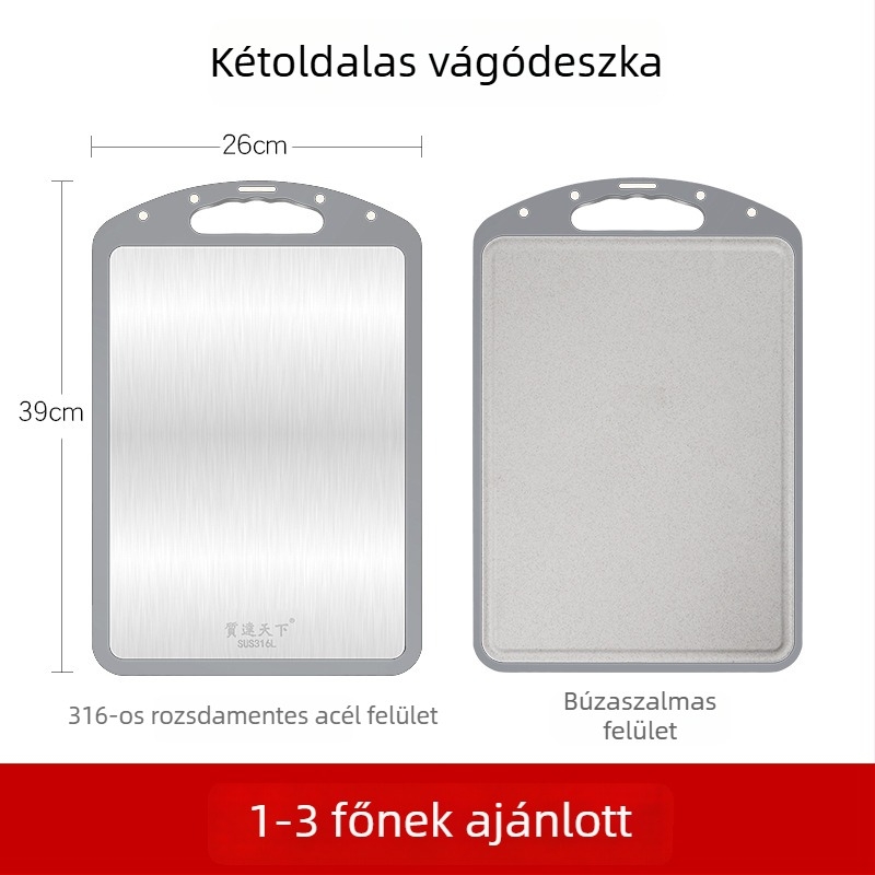 316 rozsdamentes acélból készült kettős oldalú vágódeszka, antibakteriális és penészmentes felülettel; gyúrólap 304 rozsdamentes acélból