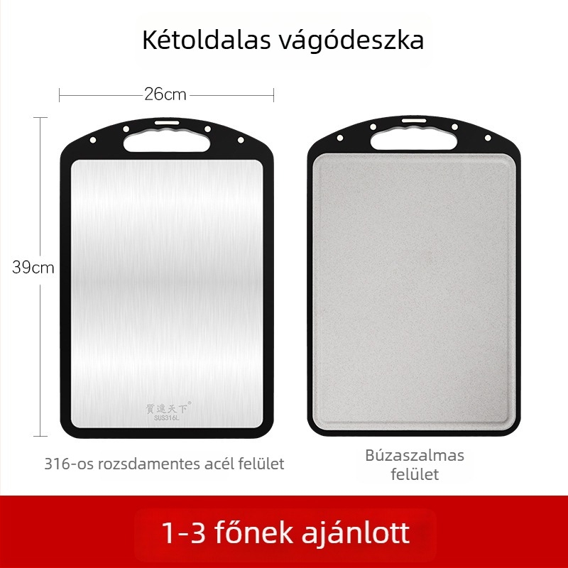 316 rozsdamentes acélból készült kettős oldalú vágódeszka, antibakteriális és penészmentes felülettel; gyúrólap 304 rozsdamentes acélból