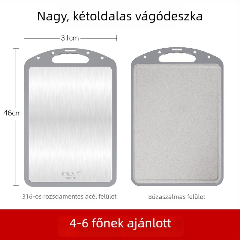 316 rozsdamentes acélból készült kettős oldalú vágódeszka, antibakteriális és penészmentes felülettel; gyúrólap 304 rozsdamentes acélból
