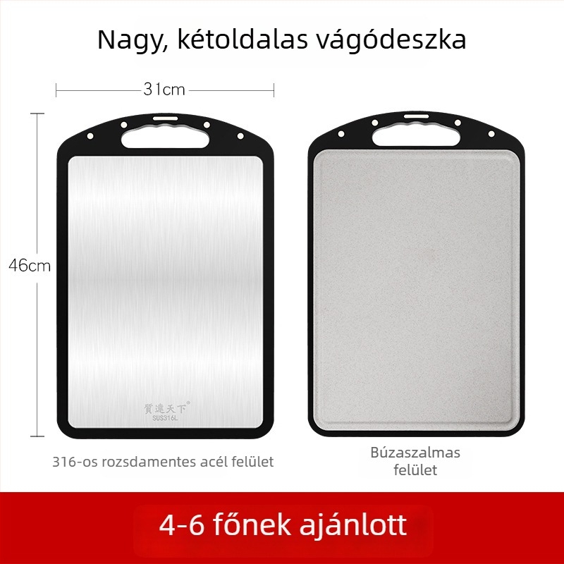 316 rozsdamentes acélból készült kettős oldalú vágódeszka, antibakteriális és penészmentes felülettel; gyúrólap 304 rozsdamentes acélból
