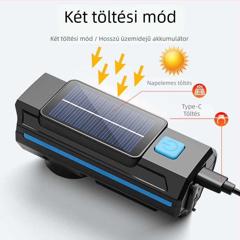 HARONBK Napenergia-töltésű kerékpár első lámpa, kürt és csengő, erős LED zseblámpa, hegymászáshoz éjszaka