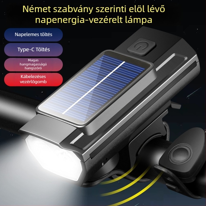 HARONBK Napenergia-töltésű kerékpár első lámpa, kürt és csengő, erős LED zseblámpa, hegymászáshoz éjszaka