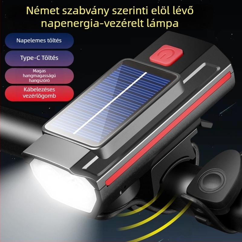HARONBK Napenergia-töltésű kerékpár első lámpa, kürt és csengő, erős LED zseblámpa, hegymászáshoz éjszaka